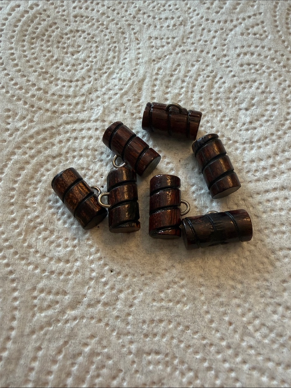 Wood Barrel Charms - Dark Brown Bead Pendants (Set of 7)